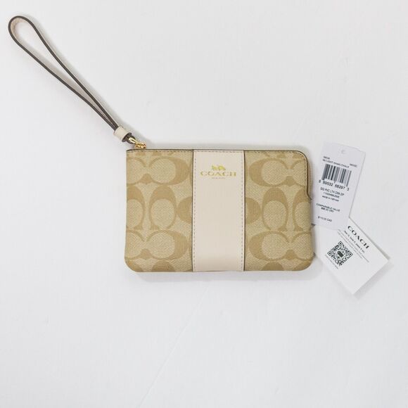 Women's Zip Wristlet COACH Coated Canvas White Cross Grain Leather Tan Signature - Picture 4 of 4